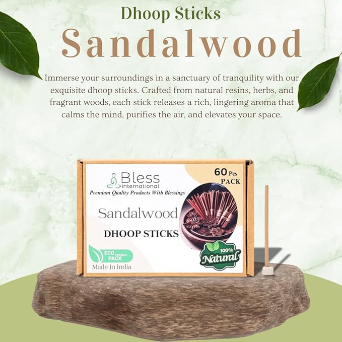 Bless-International Sandalwood-100%-Natural-Incense-Bambooless-Dhoop-Sticks Handmade-Organic-Chemicals-Free for-Purification-Relaxation-Positivity-Yoga-Meditation The-Best-scents-4.5-Inches-60-Sticks BlessInternational
