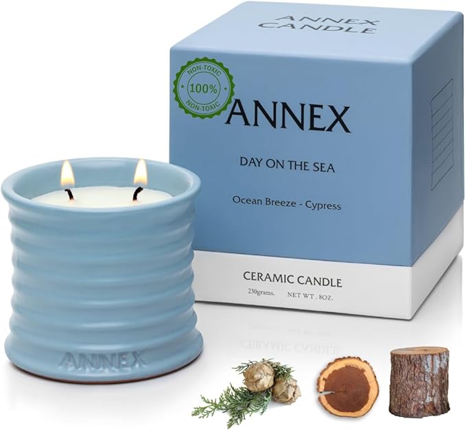 Scented Luxury Candles in Handmade Ceramic Jars, Soy Wax | Day On The Sea – Cypress & Cedar, Large Candle | Non Toxic, 2 Wicks, Reusable Big Blue Jar | Natural Spring Aromatherapy for Women & Men - Bloomnest
