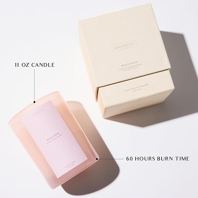Rose & Sandalwood Scented Candle | 11oz, 60 Hour Burn | Natural Soy Wax, Cotton Wick | Fall & Holiday Candles | Christmas Scented Candles for Home | Benevolence LA Sun-Kissed Collection - Beach Rose - Bloomnest