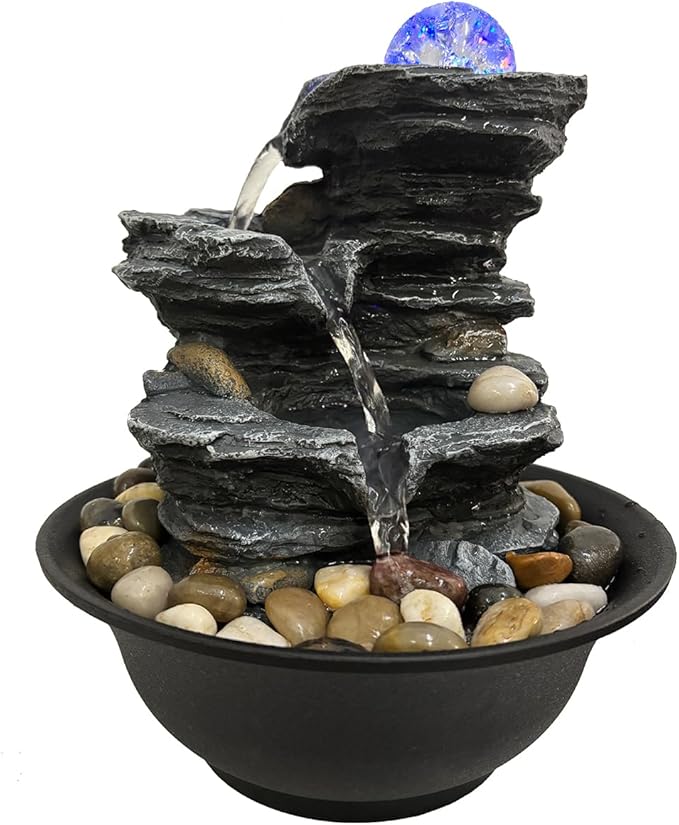 Indoor Tabletop Water Fountain Rotating Ball Rock Waterfall Fountain with Colorful Lights and Natural River Rocks, Zen Meditation for Home Office Decor