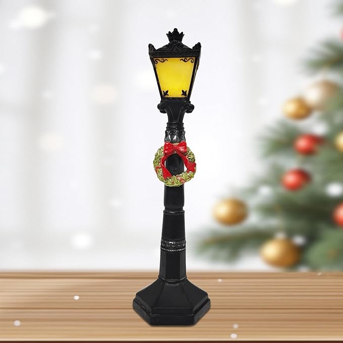 Vintage Black Resin Christmas Street Lamp Post Sculpture with LED Lights, for Indoor Holiday Decor, Mantle, Tabletop, Winter Village Display - Bloomnest