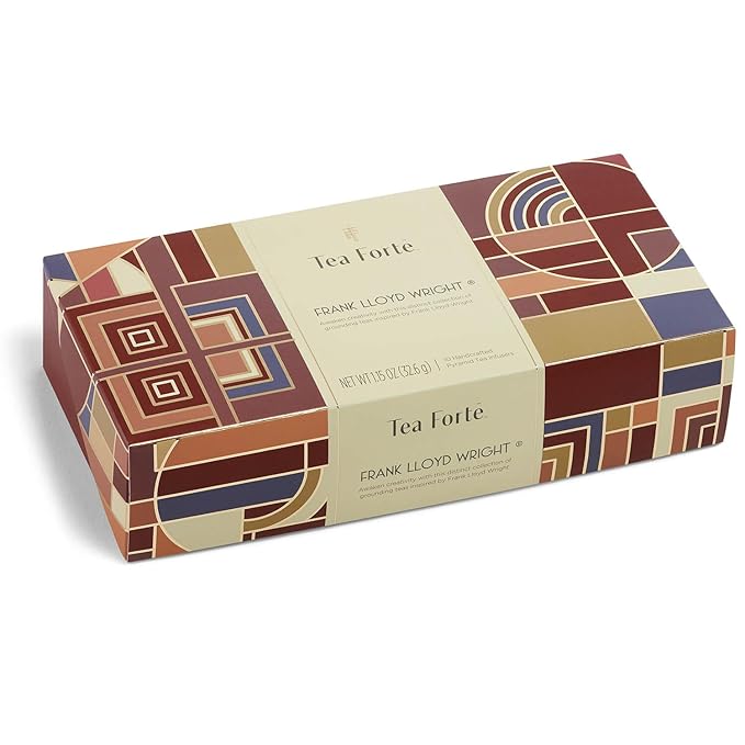 Tea Forte Frank Lloyd Wright Petite Presentation Box Tea Gift Set Sampler, 10 Count, 2 of Each Variety Individually Wrapped Handcrafted Pyramid Infuser Bags - Bloomnest