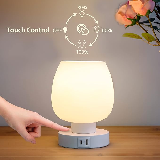 Touch Bedside Table Lamp - Small Lamp for Bedroom with USB C+A Charging Ports 3 Way Dimmable, Nightstand Desk lamp with White Opal Glass Lamp Shade Warm LED Bulb Included, Simple Design Gifts - Bloomnest