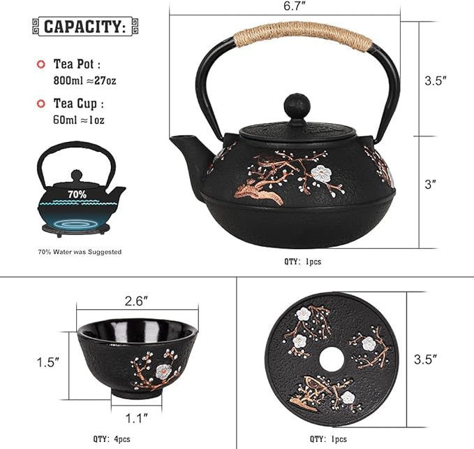 Cast Iron Teapot with Tea Cups Trivet Japanese Style Tetsubin Tea Kettle with Infuser Iron Tea Set Gift for Adult Father Mother Family (Black,Magpie on the Plum Design) - Bloomnest