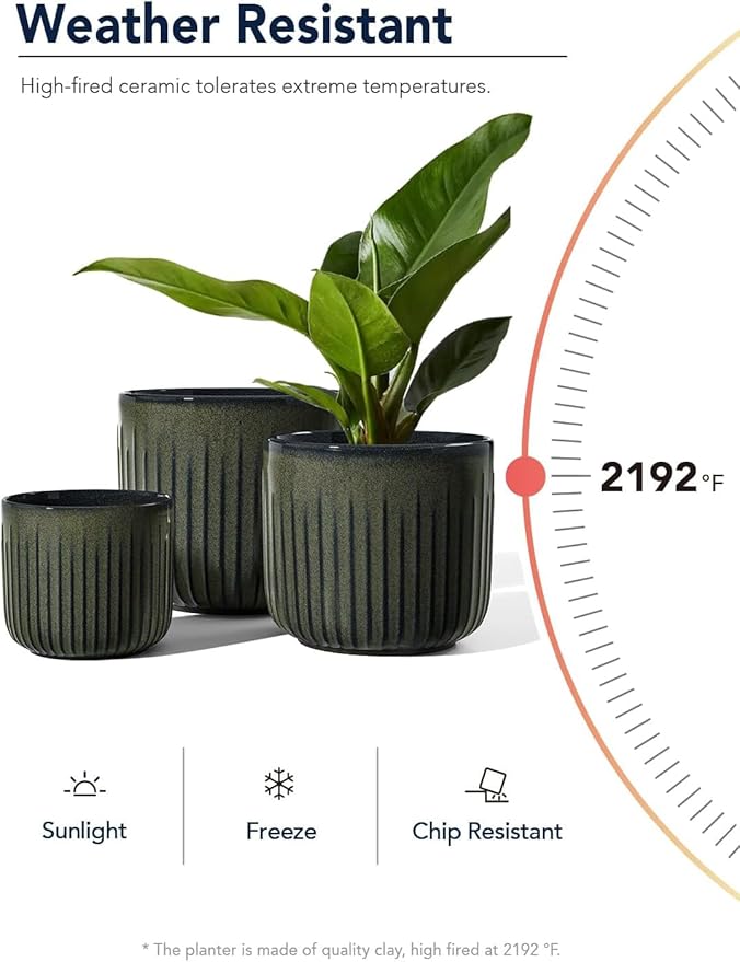 LE TAUCI Fluted Ceramic Planters Set of 3 – 8.3/7 / 5.7 in Dark Olive Reactive Cylinder Indoor Plant Pots with Drainage Plug & Mesh, Glossy Stoneware Flower Pots for Succulents Herbs - Bloomnest
