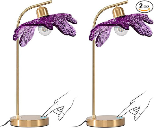 bedside table lamps of 2 touch Table lamp Mid Century Modern lamp Gold Desk lamp nightstand lamp vintage desk lamp small table lamp Purple Glass table light for end table Bedroom Living Room farmhouse - Bloomnest