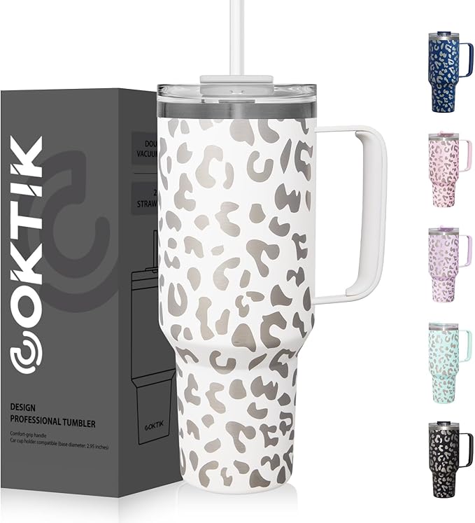 COKTIK 40 oz Tumbler With Handle and Straw Lid, Vacuum Insulated Travel Coffee Mug Stainless Steel Insulated Cup for Beverages, Leak-proof, Cupholder Friendly (Cream White Leopard) - Bloomnest