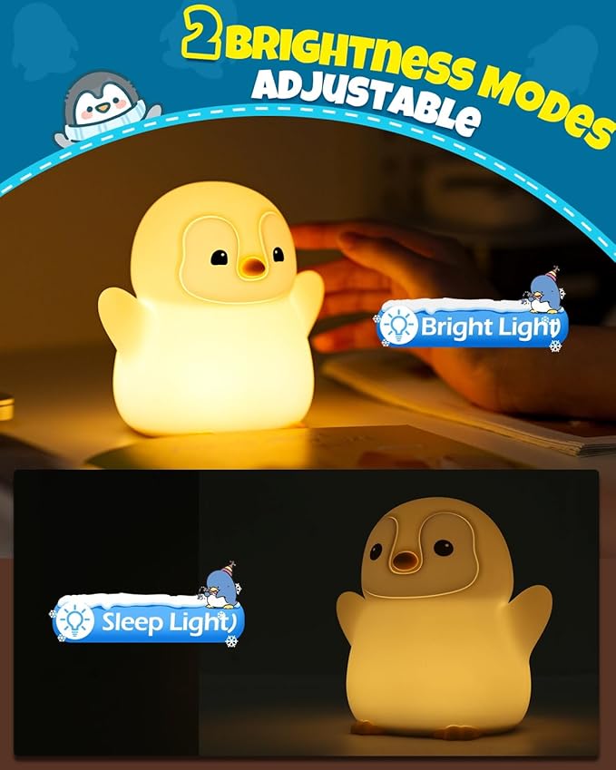 Cute Happy Penguin Night Light, Animal Lamp, Food Grade Silicone, Rechargeable, 2 Level Dimmable, Squishy Nursery Nightlight for Desk Decor, Funny Gifts Stuff for Boys Girls Baby, White Elephant Gifts - Bloomnest