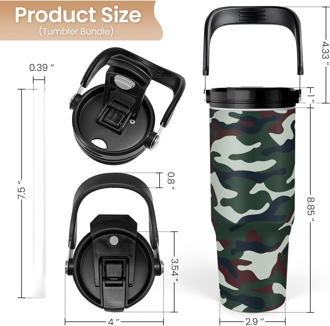 SANDJEST Camo Tumbler with Handle 30oz - Camouflage Tumblers Stainless Steel Insulated Flip Straw Coffee Travel Cup, Gifts for Men Veteran Hunting Lover Sport Outdoor Workout