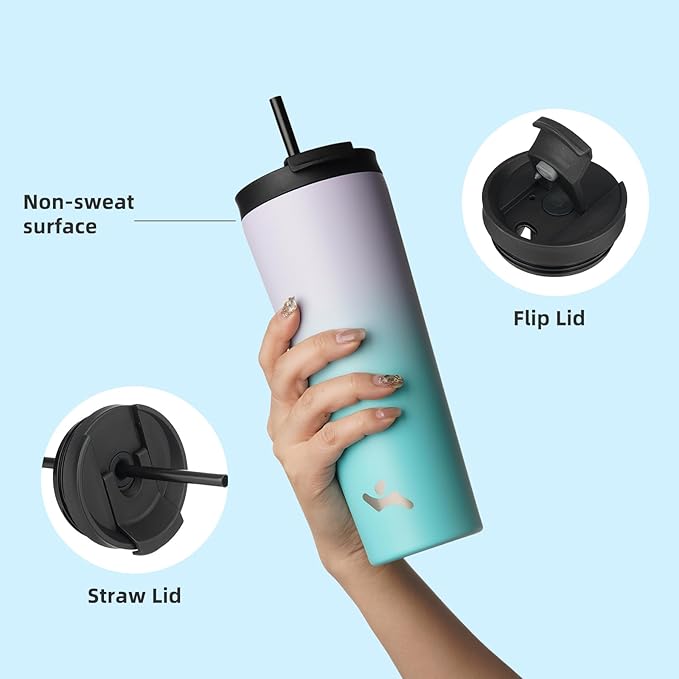 18 OZ Insulated Tumbler with Lid and 2 Straws Stainless Steel Water Bottle Vacuum Travel Mug Coffee Cup,Lavender Green - Bloomnest