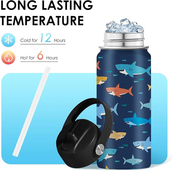 Shark Gifts for Kids 16 oz Kids Water Bottle with Straw Lid, Stainless Steel Insulated Tumbler, Leak Proof, BPA - Free, Cool Shark Pattern Mug for Travel, Daily use(1pc) - Bloomnest