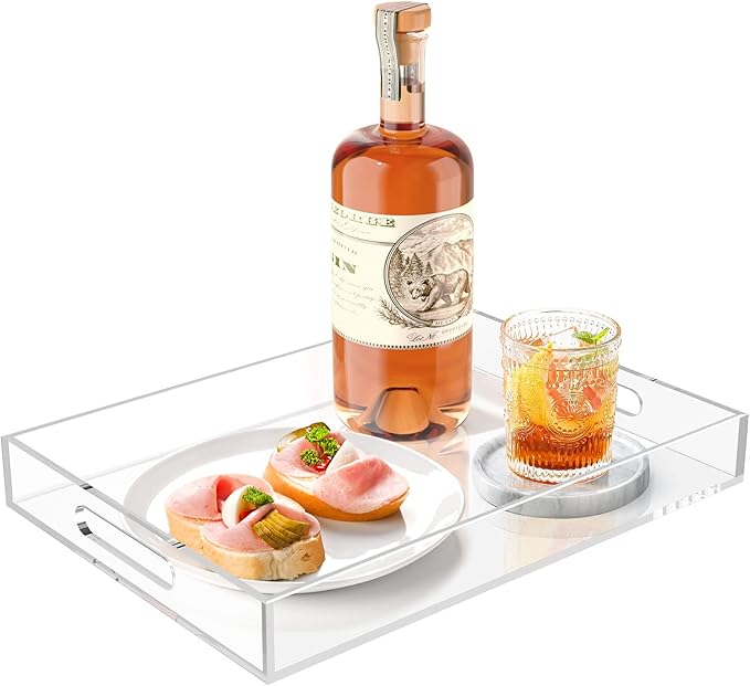 Acrylic Serving Trays with Handles, 16"x 12" Rectangle Sturdy Breakfast Tray, Clear Decorative Trays Organiser for Bedroom, Kitchen, Living Room, Bathroom, Hospital and Outdoors - Bloomnest