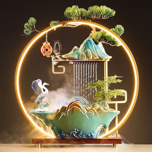 Crane Tabletop Water Fountains Indoor Waterfall with LED Light Desktop Fountain for Meditation with Mist Japanese Fountain with Fake Plants Feng Shui Office Home Decor for Good Luck Wealth - Bloomnest