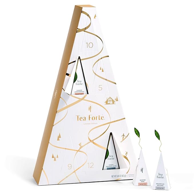 Tea Forte Tea Advent Calendar Gift Set; 12 Individually Wrapped Handcrafted Assorted Pyramid Infuser Tea Bags with Numbered Doors, Winter Chalet - Bloomnest