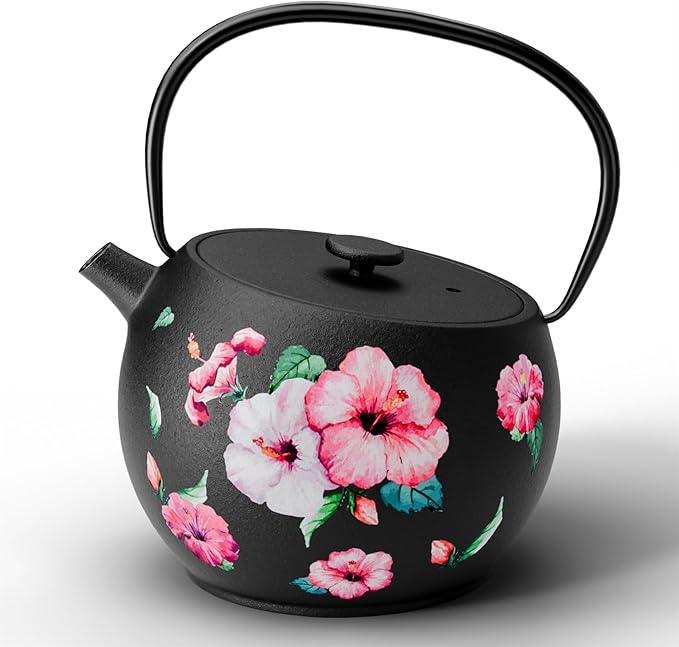 Toptier Teapot with Removable Infuser, Cast Iron Tea Kettle Stovetop Safe, Solid Geometry Ball Design Tea Pot Coated with Enameled Interior for 32 Ounce (950 ml), Morning Glory - Bloomnest