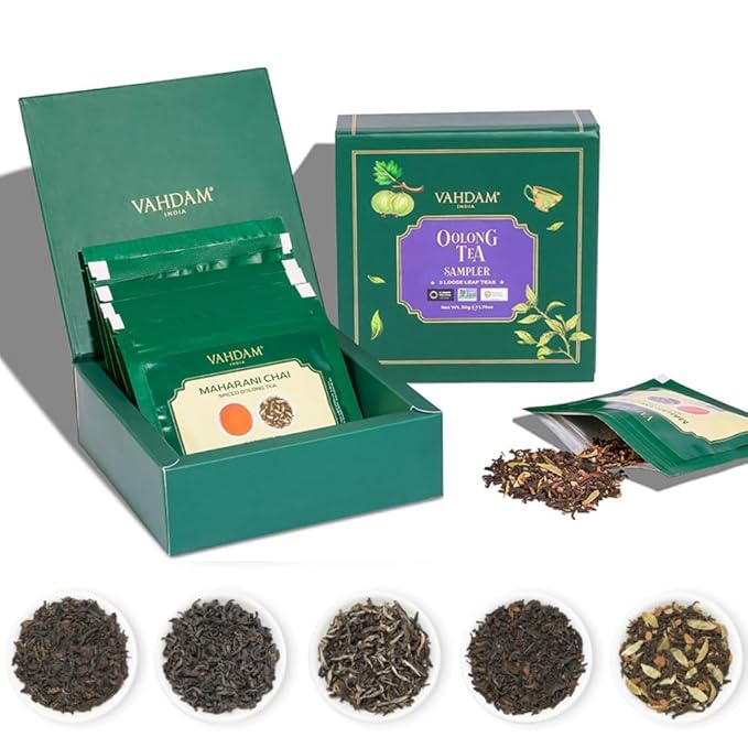 VAHDAM Assorted Oolong Tea Sampler Gift Set (5 Flavors) – Gluten-Free, Non-GMO | 5 Unblended Loose Leaf Teas | Tea Variety Pack | Gift for Women & Men - Bloomnest