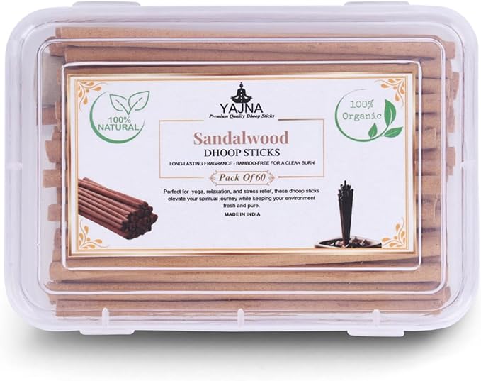 Yajna Sandalwood-100%-Natural-Incense-Bambooless-Dhoop-Sticks Handmade-Organic-Chemicals-Free for-Purification-Relaxation-Positivity-Yoga-Meditation The-Best-scents-4.5-Inches-60-Count Yajna
