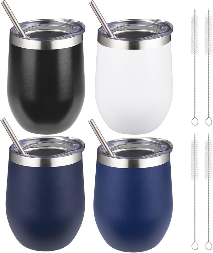 12 oz Insulated Wine Tumbler with Lid and Straw,Stainless Steel Stemless Wine Tumbler Double Wall Vacuum Wine Cups Tumbler Bulk for Coffee,Champaign,Cocktail,Office(Black/White/Navy blue/Dark blue) - Bloomnest