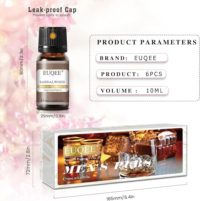 EUQEE 6PCS Fragrance Oils for Men, Men's Pubs Gift Set Premium Fragrance Oils -10ml-Leather, Honeyed Haze, Dragons Blood, Sandalwood, Bay Rum, Cedarwood (Men's Pubs) EUQEE