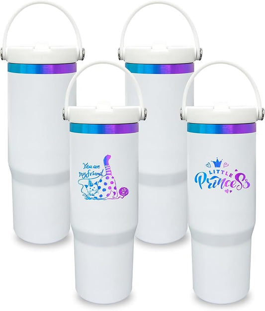 30 oz Tumbler with Handle, Double Wall Vacuum Insulated Tumblers with Flip Straw, Coffee Mug 30oz Powder Coated Cup for Hot and Cold Drinks(Blue Purple Plated, White,4 pack)