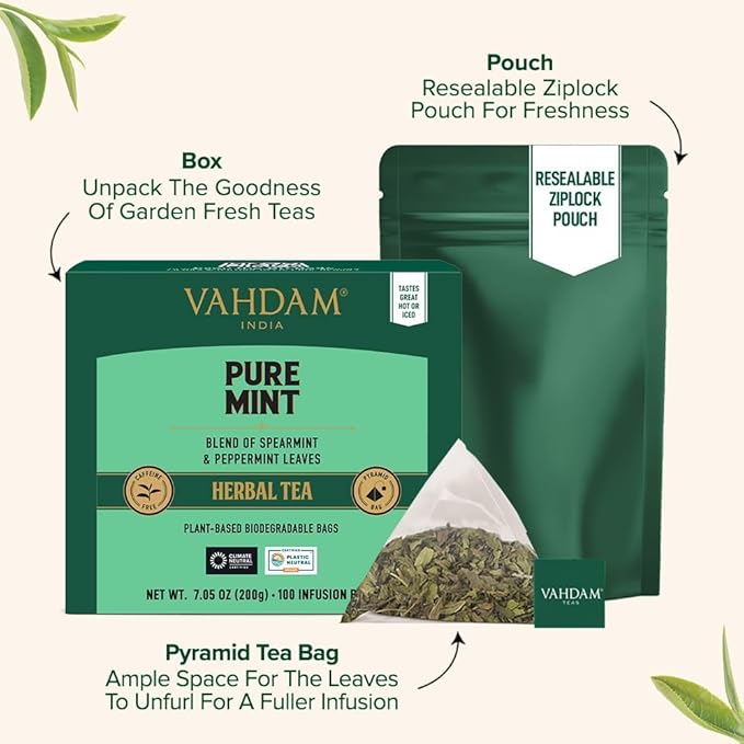 VAHDAM, Pure Mint Herbal Tea (100 Pyramid Tea Bags) Caffeine Free, Non GMO, Gluten Free | Blend of Spearmint & Peppermint - Sweet & Minty | Resealable Ziplock Pouch - Bloomnest