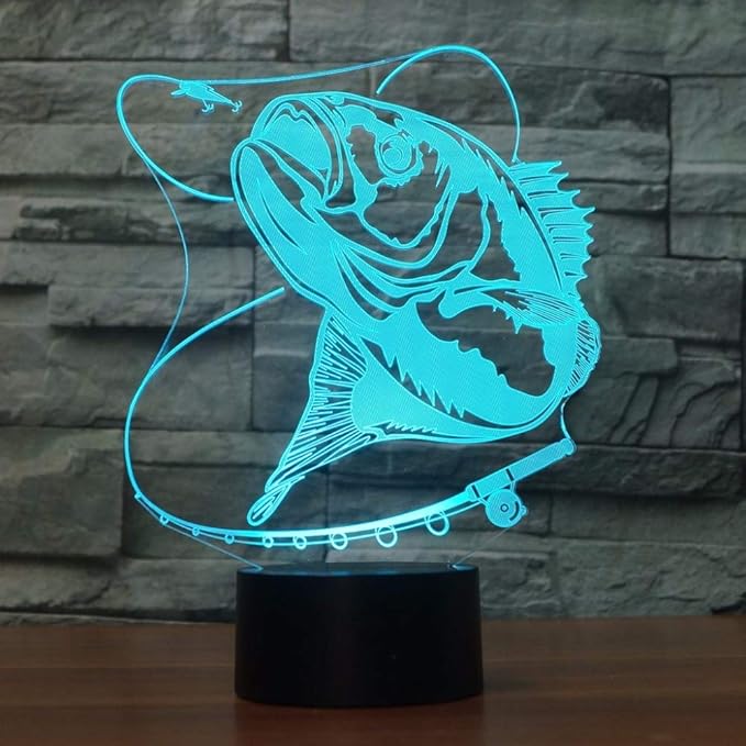 3D Fishing Fish Night Light Lamp Illusion 7 Color Changing Touch Switch Table Desk Decoration Lamps Led Christmas Gift with Acrylic Flat ABS Base USB Cable Toy - Bloomnest