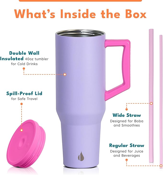 Elemental 40 oz Tumbler with Handle and Straw - Spill Proof Insulated Stainless Steel Commuter for Hot and Cold Beverages - Travel Coffee Mug with 2 Straws & Spill Proof Lid - 40oz - Lilac Tie Dye - Bloomnest