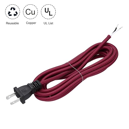 uxcell 8Ft 18/2 Cloth Covered Lamp Cord with Plug, Vintage Electrical Lamp Cord with Stripped Ends for Extension Wiring DIY Repairing, Claret