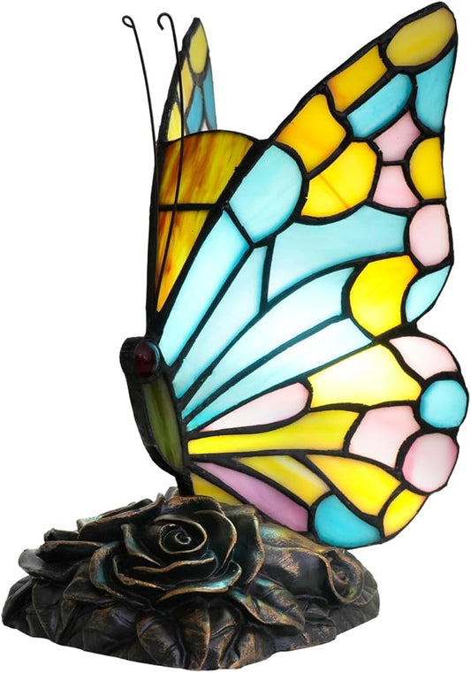 Small Tiffany Butterfly Table Lamp for Girls Bedroom Kids Bedside Desk Light Sky Blue Yellow and Pink Stained Glass Lamp Vintage Unique Style Decor Nightstand Accent Night Light Office Mothers Gifts - Bloomnest