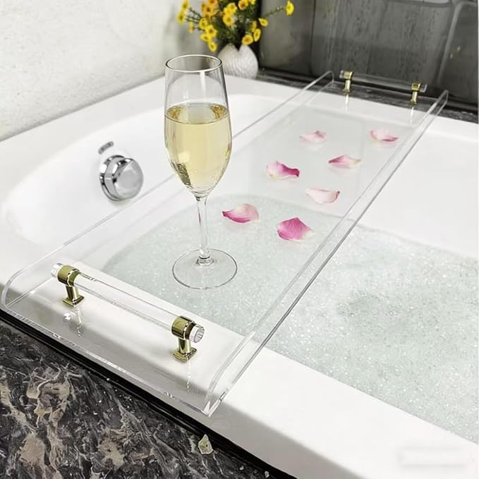 WANLIAN 33inch Luxury Bathtub Caddy Tray for Bathroom Bath tub Table Caddy Shelf for Shower Storage Organizer tub Accessories for Bath tub Table Caddy (Gold-Clear) - Bloomnest