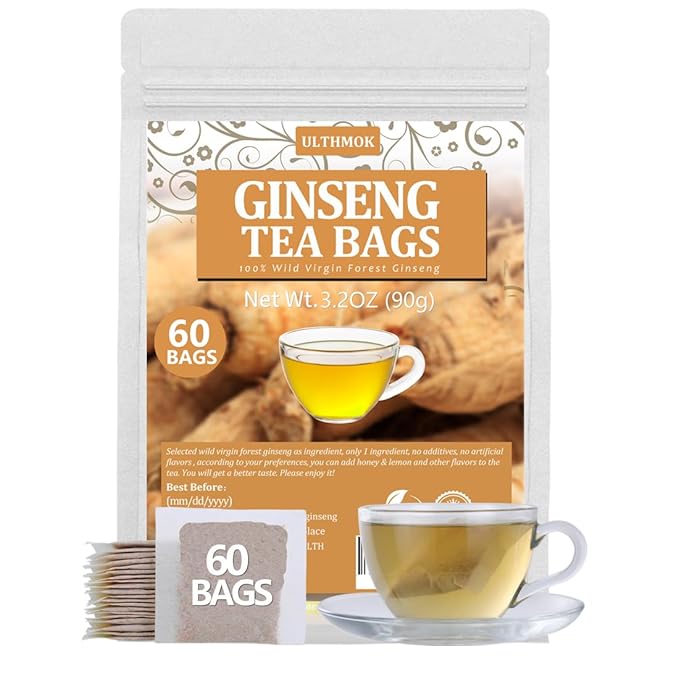 Premium 60 Ginseng Tea Bags, Made with Pure 100% Natural Wild Ginseng Root, Energizing & Immune Support, No Artificial Flavors & Caffeine Free. - Bloomnest