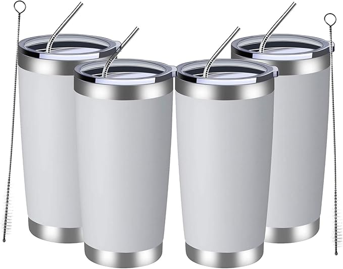 MEWAY 20oz Tumbler 4 Pack Double Wall Vacuum Insulated Travel Mug Bulk, Stainless Steel Tumblers with Lid and Straw, Durable Powder Coated Coffee Cups for Cold & Hot Drinks (White, 4) - Bloomnest