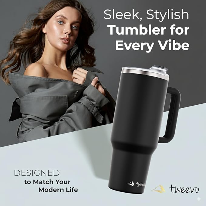 40 oz Tumbler With Handle and Straw Made of Stainless Steel - Double Wall Vacuum Insulated Tumbler With Lid - Sweat Proof Easy Grip, BPA-Free, Dishwasher Safe Tumbler (Black) - Bloomnest