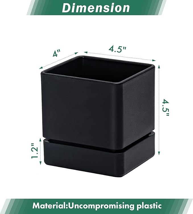 4 Inch Herb Planter Pot, Plastic Planter with Drainage Holes and Saucer, Modern Decorative Gardening Pot for Indoor Plants, Flowers, Herbs, Succulents, Black, Set of 4, 76-Y-B-4 - Bloomnest