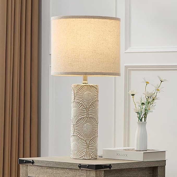 25.25" Tall White Lamps Set of 2 with Floral Design, Farmhouse White Ceramic Lamps Set of 2 for Bedroom, Living Room, Beige Table Lamps for Nightstands, Console Table - Bloomnest