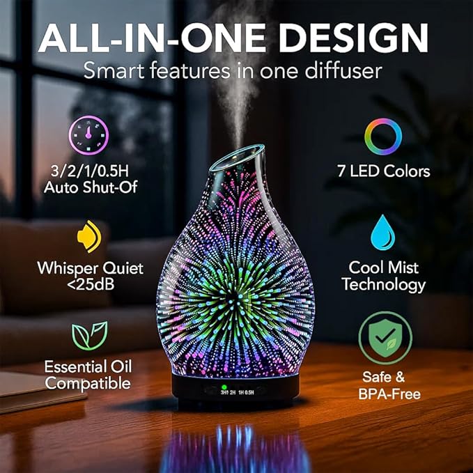 120ML Essential Oil Diffuser, 3D Glass Aromatherapy Diffuser with Auto Shut-Off and 7 Color LED Lights, Ultrasonic Mist Humidifier with 4 Timer for Home Office Bedroom (3D Fireworks) - Bloomnest
