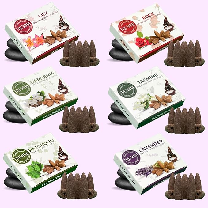 Floral - Backflow Incense Cones for Waterfall - Scented Inscents-Cones - Lavender, Jasmine, Rose, Patchouli, Lily, Gardenia - Insiensos Aromaticos - 6x10=60 Large Variety Pack