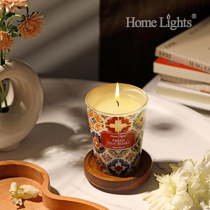 HomeLights Large jar Candle | 1-Wick Long-Lasting Scented Candles, 6.7oz Natural Soy Wax Candle for Home Scented, Bohemian Natural Textures Gifts for Women & Men, Fresh Cut Roses - Bloomnest