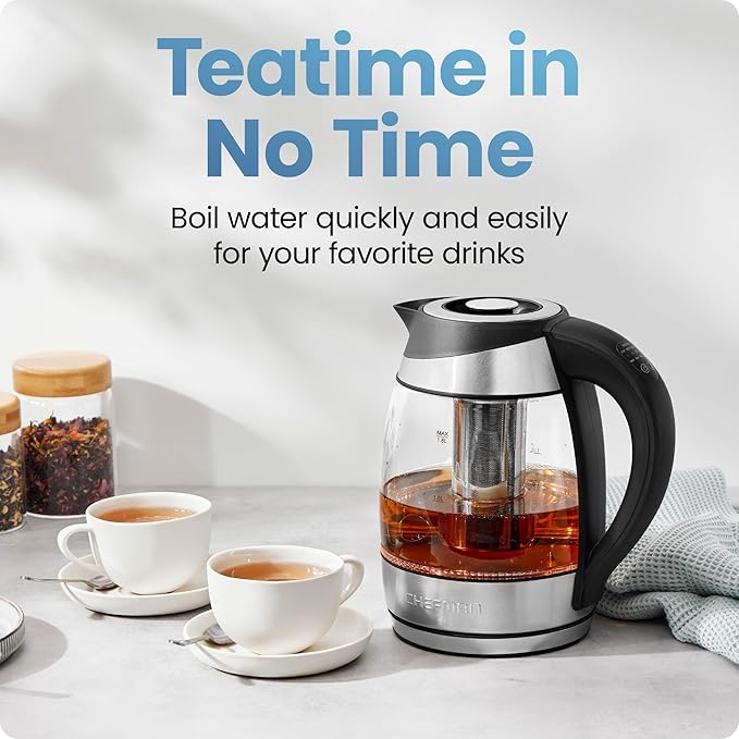 Chefman Electric Kettle with Temperature Control, 5 Presets LED Indicator Lights, Removable Tea Infuser, Glass Tea Kettle & Hot Water Boiler, 360° Swivel Base, BPA Free, Stainless Steel, 1.8 Liters - Bloomnest