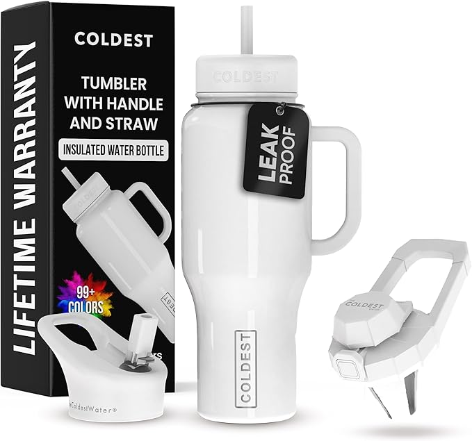 Coldest Tumbler with Handle and Straw - 100% Spill Proof Tumbler with Straw (3 Lids) - Stainless Steel Insulated Leakproof Tumblers for Women & Men - 36 oz (Snow Reflections) - Bloomnest