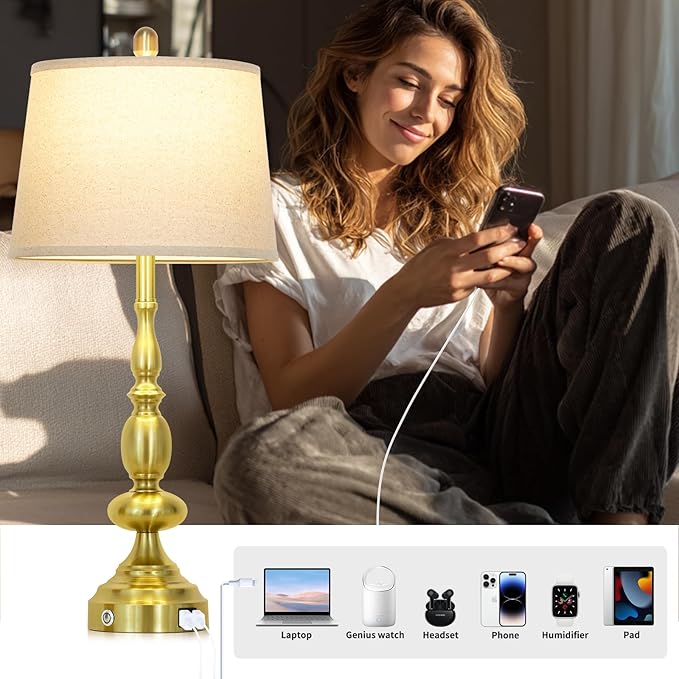 29" Modern Gold Table Lamps Set of 2, Industrial Touch Control 3-Way Dimmable Bedside Lamp with USB C+A Ports, Metal Farmhouse Nightstand Lamps for Living Room Bedroom End Tables(2 LED Bulbs Included) - Bloomnest
