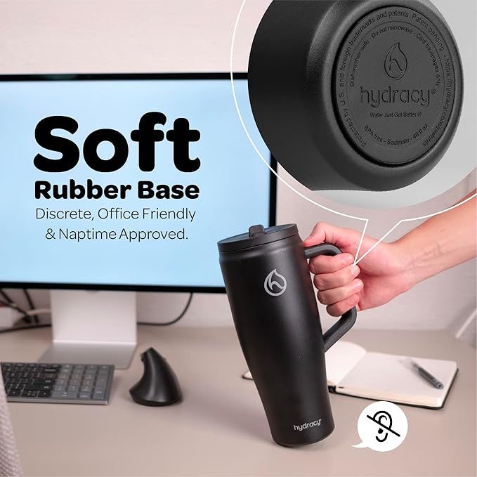 Hydracy 40 oz Tumbler with Handle and Straw, Stainless Steel Insulated Travel Cup with No Spill Rotatable Flip Lid for Left or Right Hand Use, Rubber Base, Fits in Cup Holder - Sexy Black - Bloomnest
