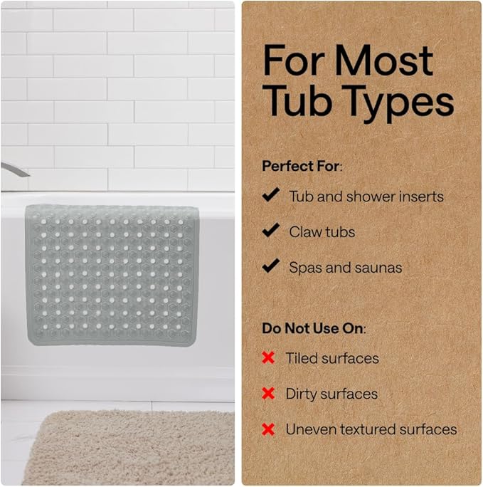 GORILLA GRIP Patented Bath Tub Shower Mat, Machine Washable Bathtub Floor Liner Mats, Suction Cups and Drain Holes to Keep Tubs Clean, Soft on Feet, Bathroom Essentials, 35x16 Inch, Gray Opaque - Bloomnest