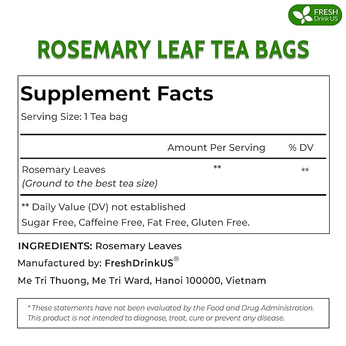FreshDrinkUS, Premium 100 Rosemary Leaf Tea Bags, Made with 100% Natural Rosemary Dried Leaves, Pure Rosemary Herbal Tea, No Additives, No Caffeine, No Gluten, Vegan. - Bloomnest