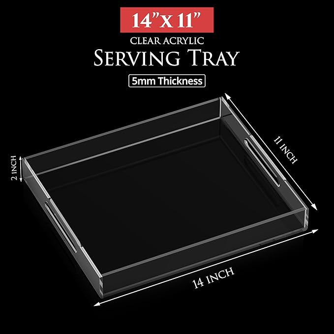 Acrylic Tray 14x11 with Cut Handles - Spill Proof Decorative Tray is an Ideal Countertop Organizer for Living Rooms, Ottoman Coffee Tables, Offices, Kitchens & Serving Guests - Bloomnest