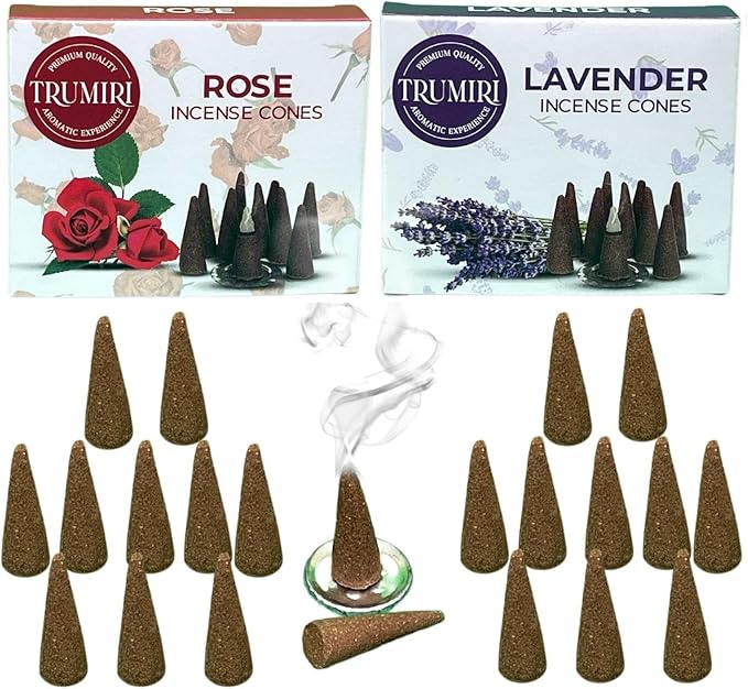 TRUMIRI Incense Cones - Combo Pack of 20 Cone Incense - 10 Rose + 10 Lavender - Insence Cones - Incense Cones Scented - Cone Incense Scents - Insense Cones - Incent Cone TRUMIRI