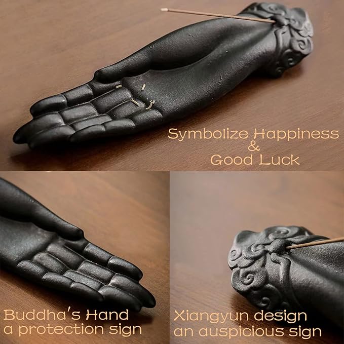 Ceramic Incense Holder for Sticks - Incense Burner Holder Zen Decor with Buddha Hand Design Protection from Evil - 10.2" L X 2.5" W X 1.2" H - Bloomnest