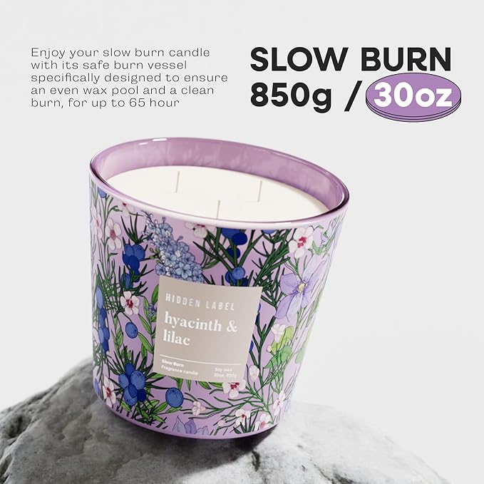 Hidden Label Hyacinth & Lilac Soy Candle, 3 Wick Large Candles for Home Scented, 30oz Natural Soy Candles Non Toxic, 100 Hour Burn Time, Aromatherapy Candle for Stress Relief, SPA, Larger Rooms - Bloomnest