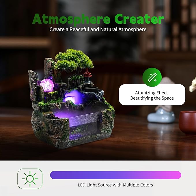 Tabletop Water fountainRockery Tabletop Fountain Indoor Waterfall with an Atomizer Elaxation Water Feature Meditation with LED Light for Desktop Home Office Decor - Bloomnest