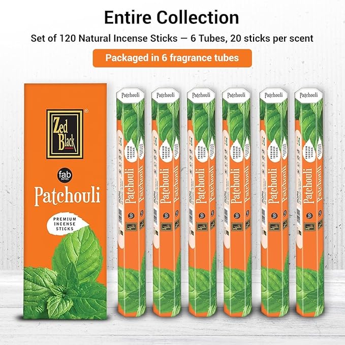 ZED BLACK Patchouli Natural Incense Sticks, 20 Sticks per Box, 6 Boxes (Total 120 Sticks), for Home and Workplace Use.